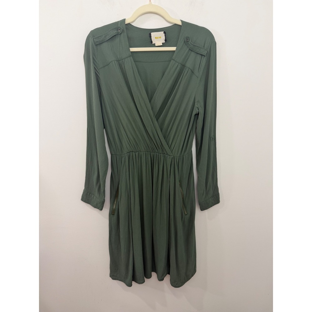Maeve Anthropologie Green Utility Surplice Dress Long Sleeve Zipper Pockets M